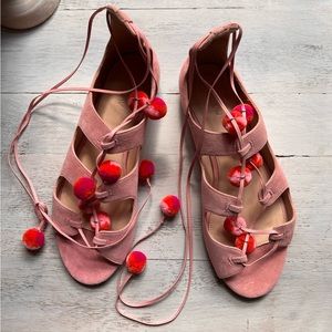 J Crew lace up pink Pom Pom sandals